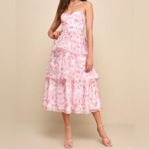 Lulus pristine cutie light pink floral organza bustier midi dress